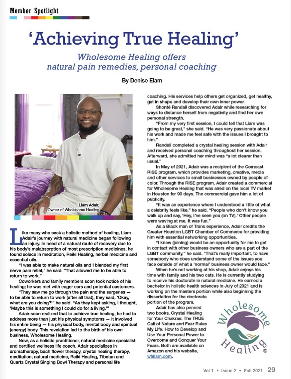 Business Intersections Volume 1, Fall 2021, page 29. Member Spotlight article Achieving True Healing by Denise Elam
