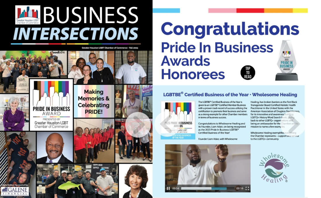 Business Intersections feature naming Wholesome Healing the LGBTBE Certified Business of the Year 2023