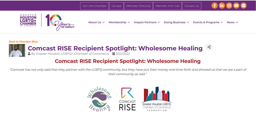 Greater Houston LGBTQ+ Chamber of Commerce article, Comcast RISE Recipient Spotlight: Wholesome Healing, March 22, 2022