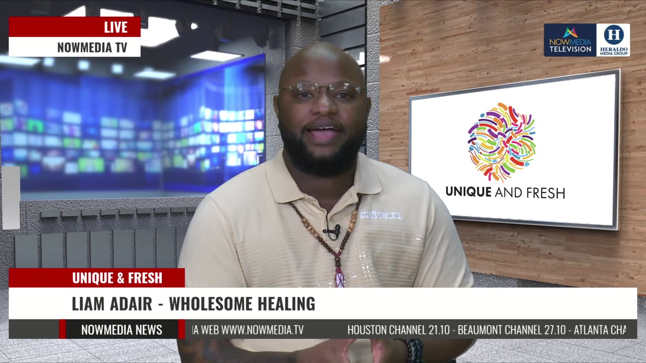 Liam J. Adair in the NowMedia Television studio for a Unique and Fresh segment, December 11, 2021