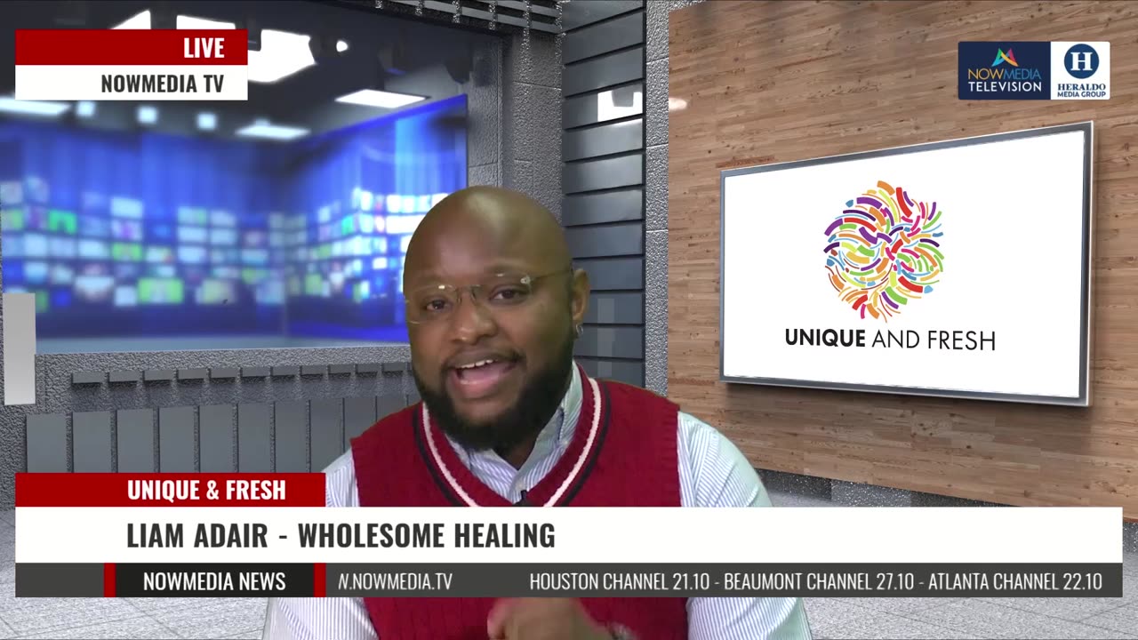 Liam J. Adair in the NowMedia Television studio for a Unique and Fresh segment, December 18, 2021