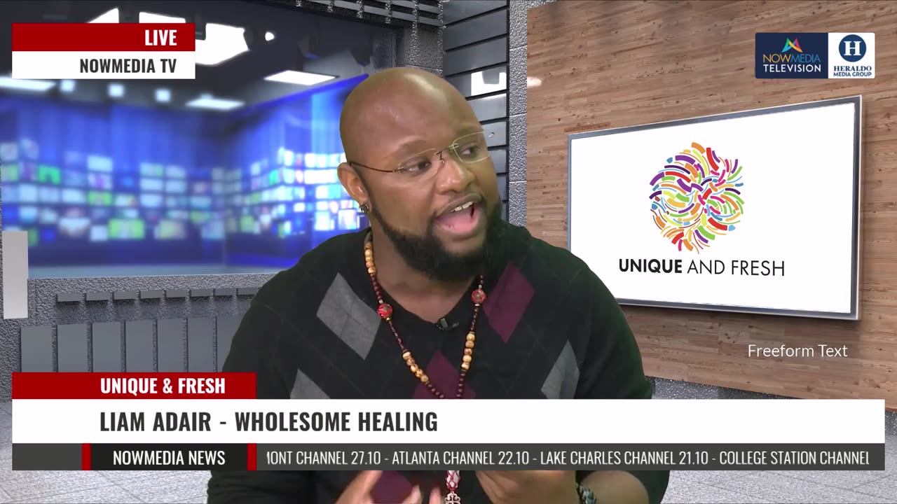 Liam J. Adair in the NowMedia Television studio for a Unique and Fresh segment, January 11, 2022