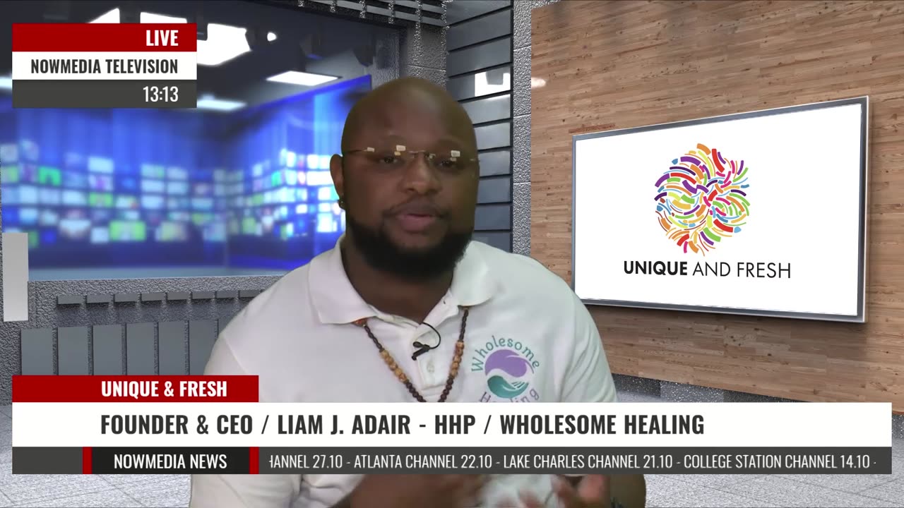 Liam J. Adair in the NowMedia Television studio for a Unique and Fresh segment, January 18, 2022