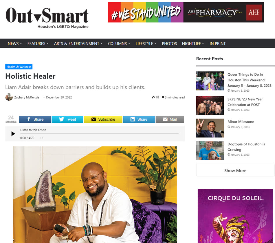 OutSmart Magazine feature Holistic Healer by Zachary McKenzie, December 30, 2022, on Liam J. Adair