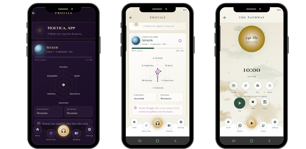 Three Naresonarq app screens: the profile in the dark Purple Void theme, the profile in the light Green Sanctuary theme, and the Pathway screen showing a 246 Hz primary tone